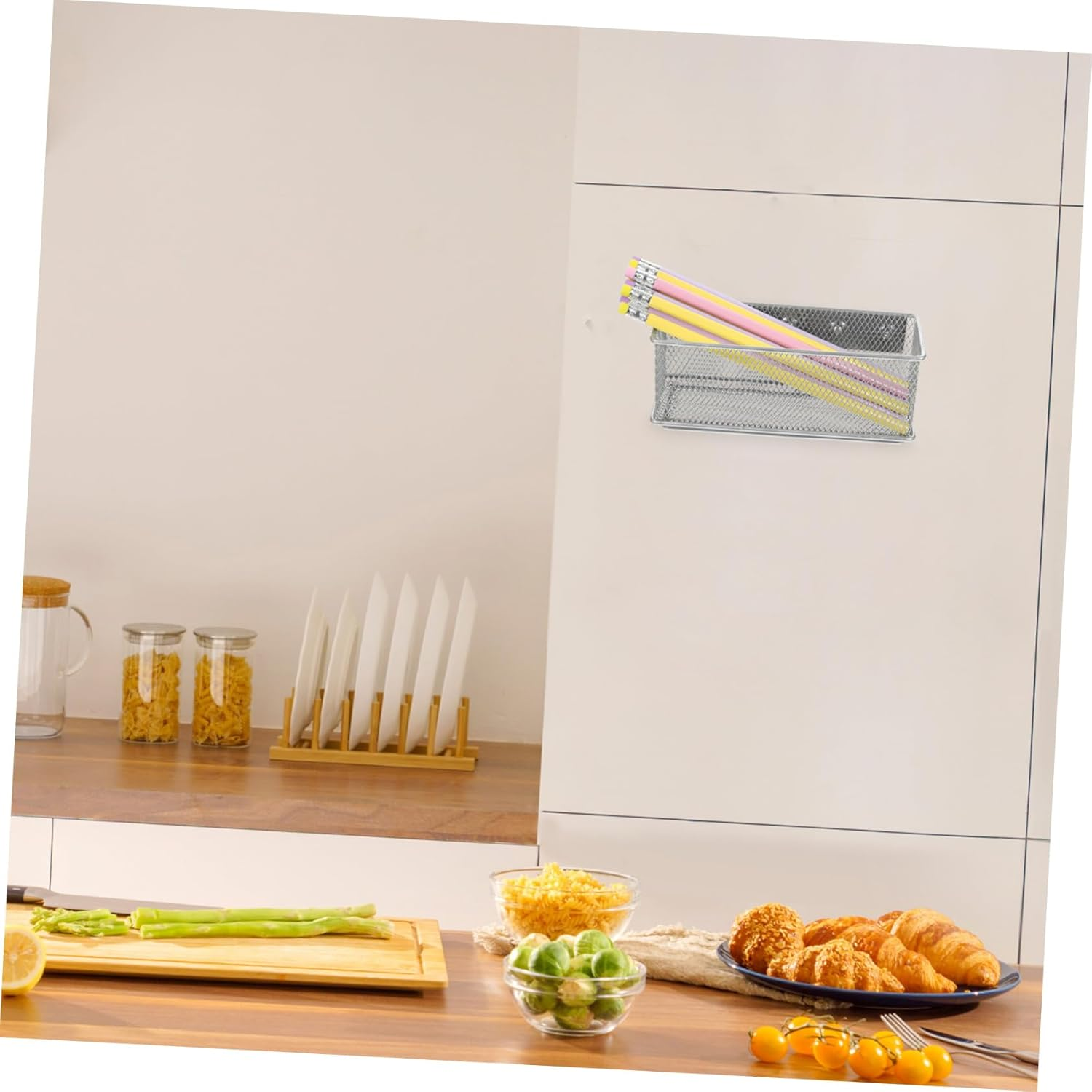 TEHAUX Magnetic Pencil Holder Wire Basket Large Silver Locker Accessories Storage Organizer for Refrigerator and Office image number 6