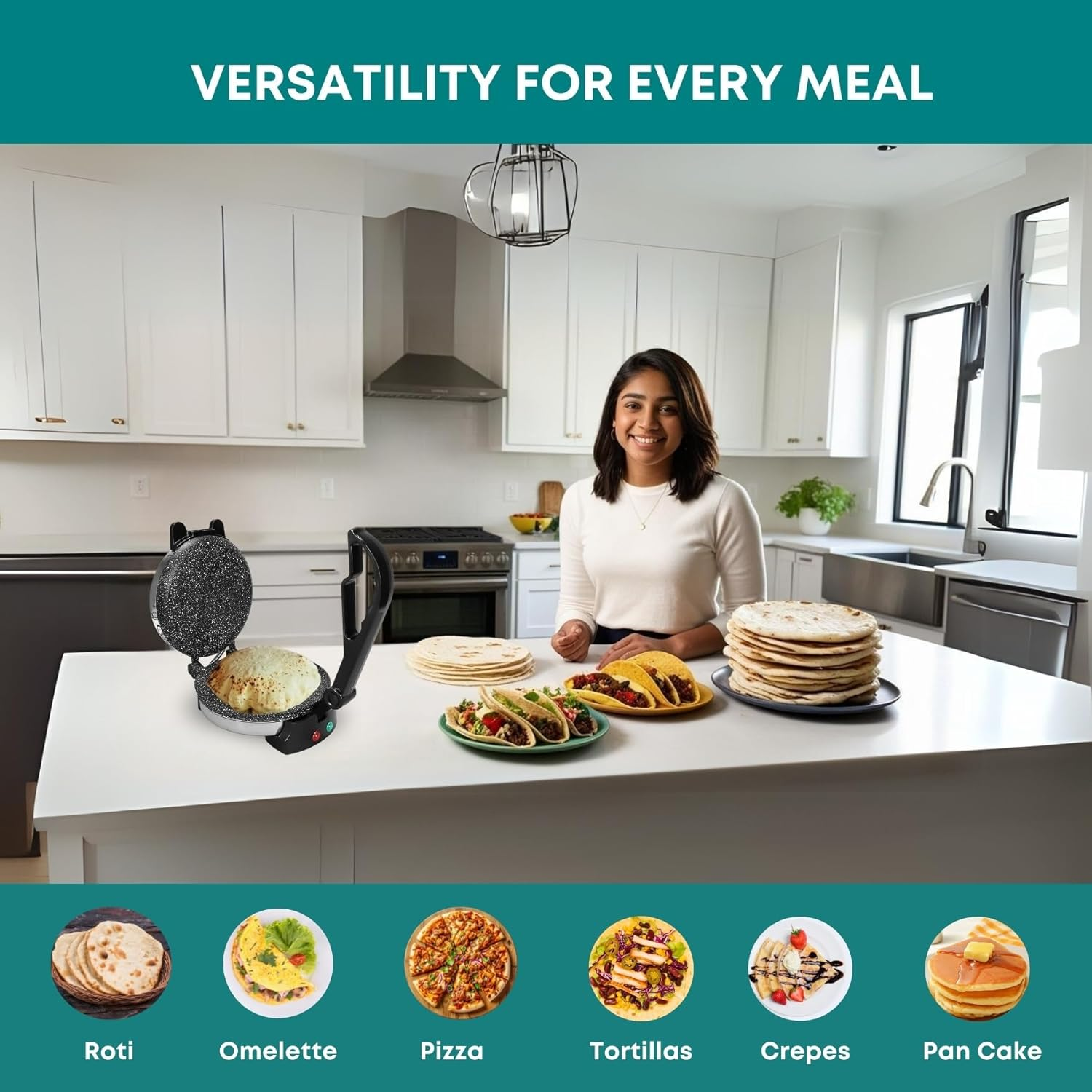 Libra Roti Maker Machine - Electric Tortilla Press with Non-Stick 215 Mm Plates and Durable Handle, Auto Temperature Control Chapati Maker Machine with Indicator Lights with 220 VAC Type I Plug image number 2