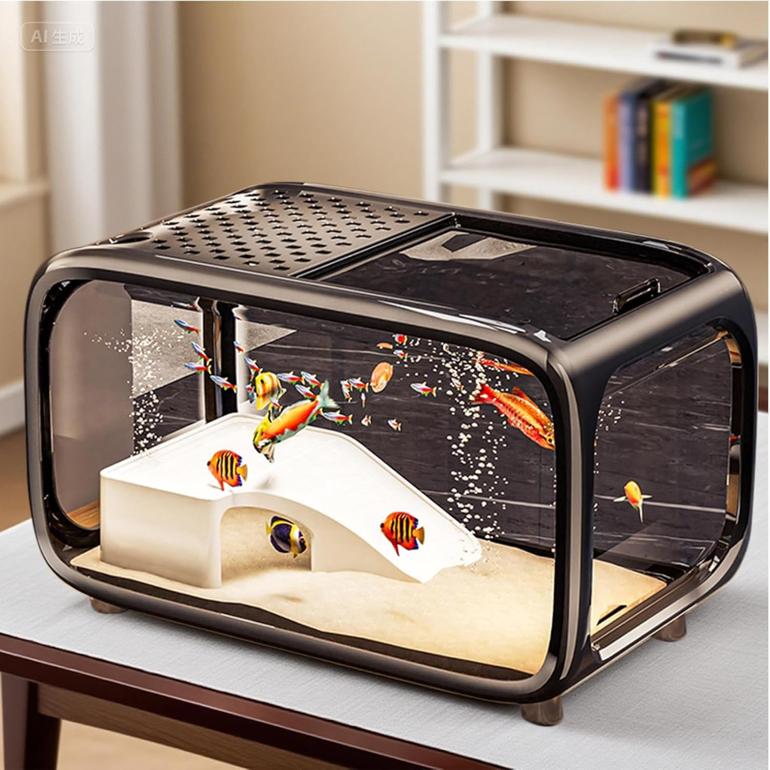 Desktop Fish Tank, Betta Tank Landscape Aquarium, Clear Acrylic Landscape Container Bowl with Top Feeding Hole for Betta Shrimp Snails Turtle Aquatic Animals - Creamy image number 5