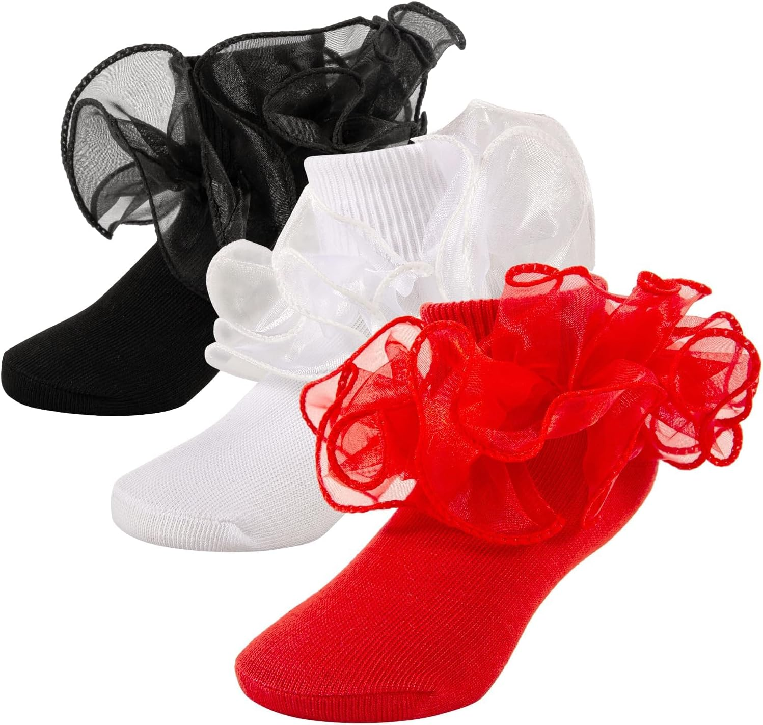 3 Pairs Girls Ruffle Lace Socks | Frilly Dress Socks with Big Turn Cuff for 1-3/4-6/6-8/8-10 Years Old Girls Kids | Cotton White Black Red