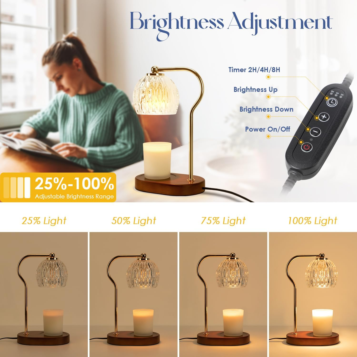 Soilsiu Candle Warmer Lamp with Timer, Dimmable Candle Lamp for All Scented Candles, Candle Warmer with 2 X 50W Bulbs for Home Decor Winter (Brown) - Wood image number 2