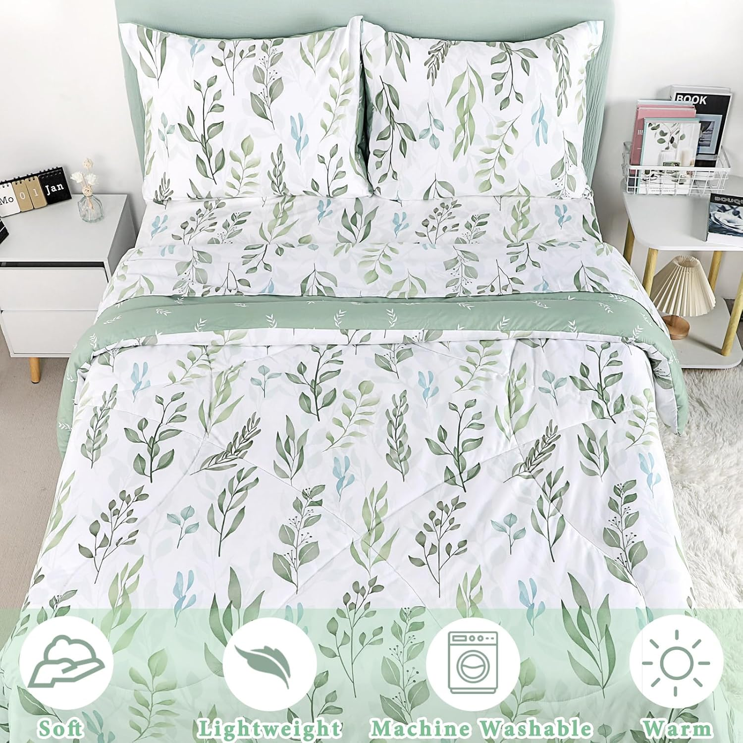 DILIMI Twin Comforter Set for Girls, Reversible 5 Pieces Comforter Twin Size Bed, Green Leaf Ultra Soft Twin Bedding Sets with Comforter, Flat Sheet, Fitted Sheet, 2 Pillowcase - Green Leaf image number 2