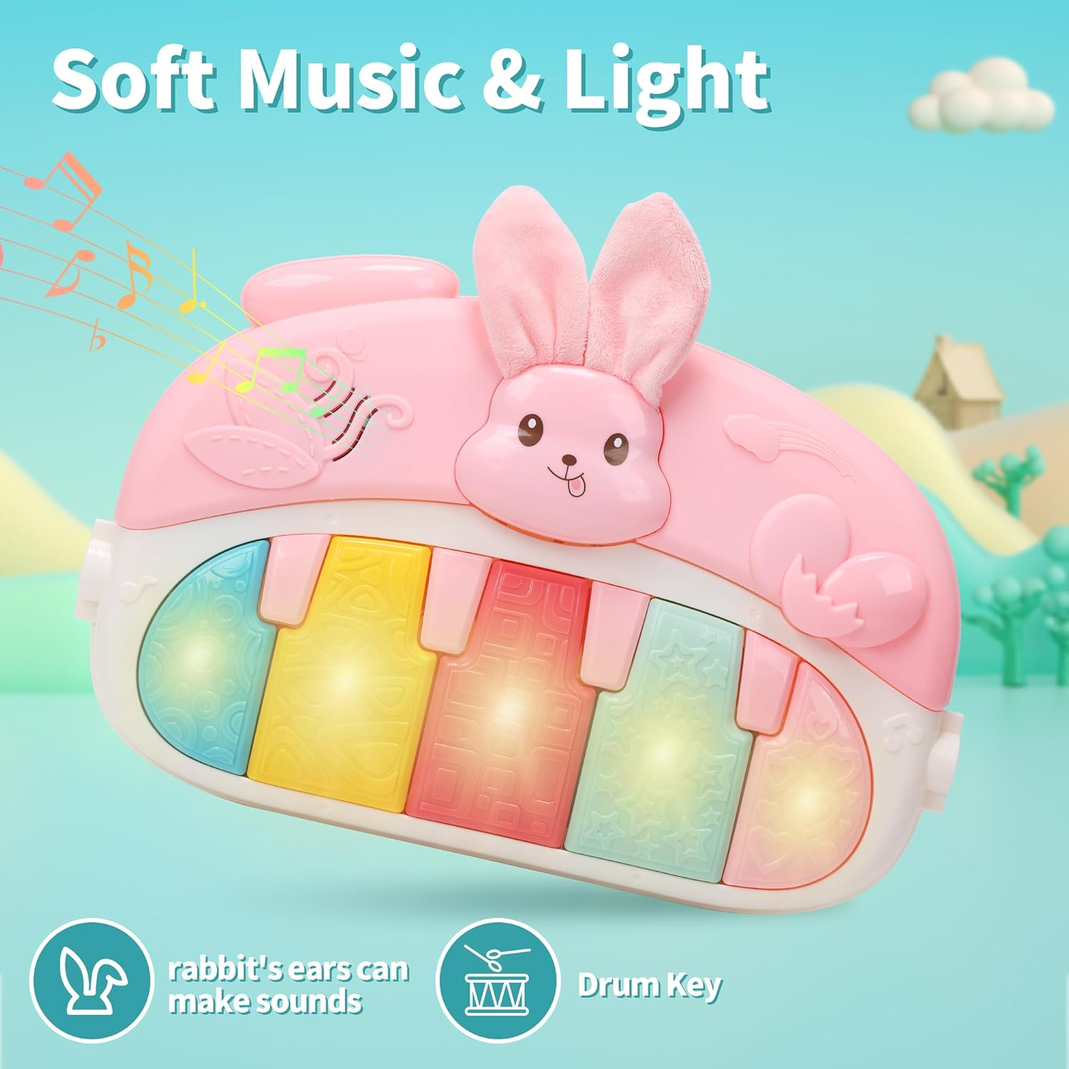 HOLYFUN Baby Play Mat Baby Gym, Play Piano Tummy Time Mat with Activity Gym, 5 Infant Learning Sensory Baby Toys, Perfect Musical Activity Center for Early Development & Entertainment, Pink