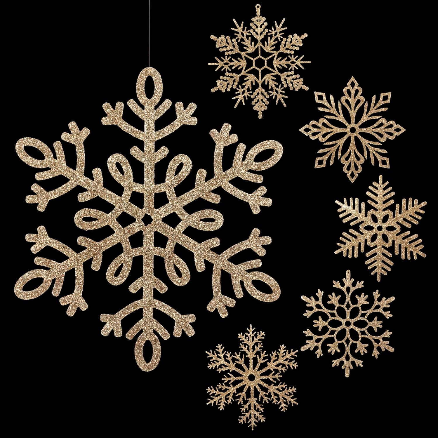 Sratte 12 Pack Large Glitter Snowflakes Ornaments 12" Plastic Giant Winter Christmas Hanging Decor Oversized Snowflakes Ornaments for Indoor Outdoor (Gold)