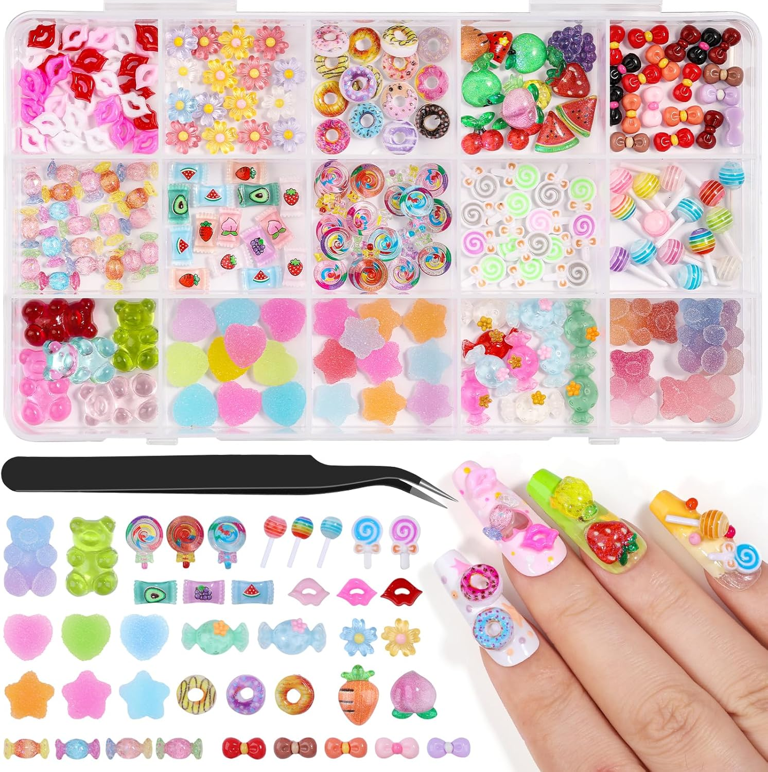 Kikonoke 200PCS Kawaii Nail Charms Kit, 3D Lip Candy Gummy Bear Resin Charms for Acrylic Nails, Sweet Nail Art Supplies with Tweezers for DIY Crafts, Slime & Shoe Decor