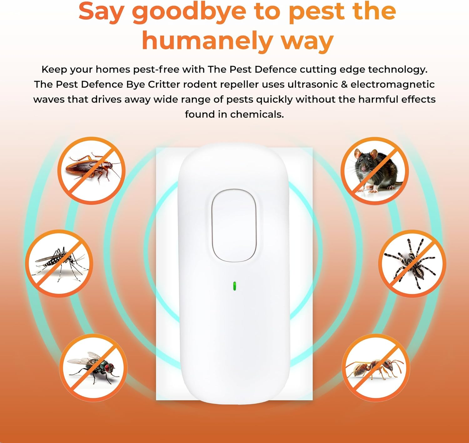 Pest Defence Ultrasonic Pest Repeller, Bye Critter Ultrasonic Pest Repeller Plug-In Mouse Repellent for Home &ndash; Repels Mice, Spiders, Rodents, Cockroaches, and Ants &ndash; Eco-Friendly, Chemical-Free