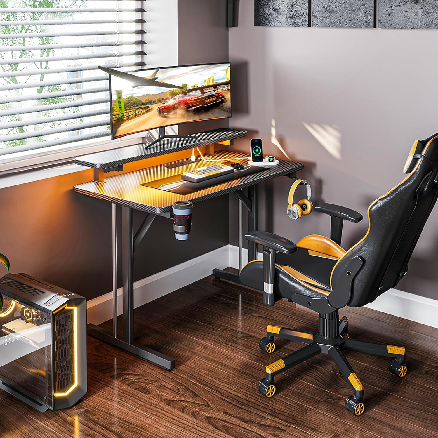 ODK Gaming Desk with LED Lights & Power Outlets,10 Color Adjustable,Gaming Table with Monitor Shelf, Gomputer Desk, Computer Table, 80 * 50 * 88Cm, Black image number 3