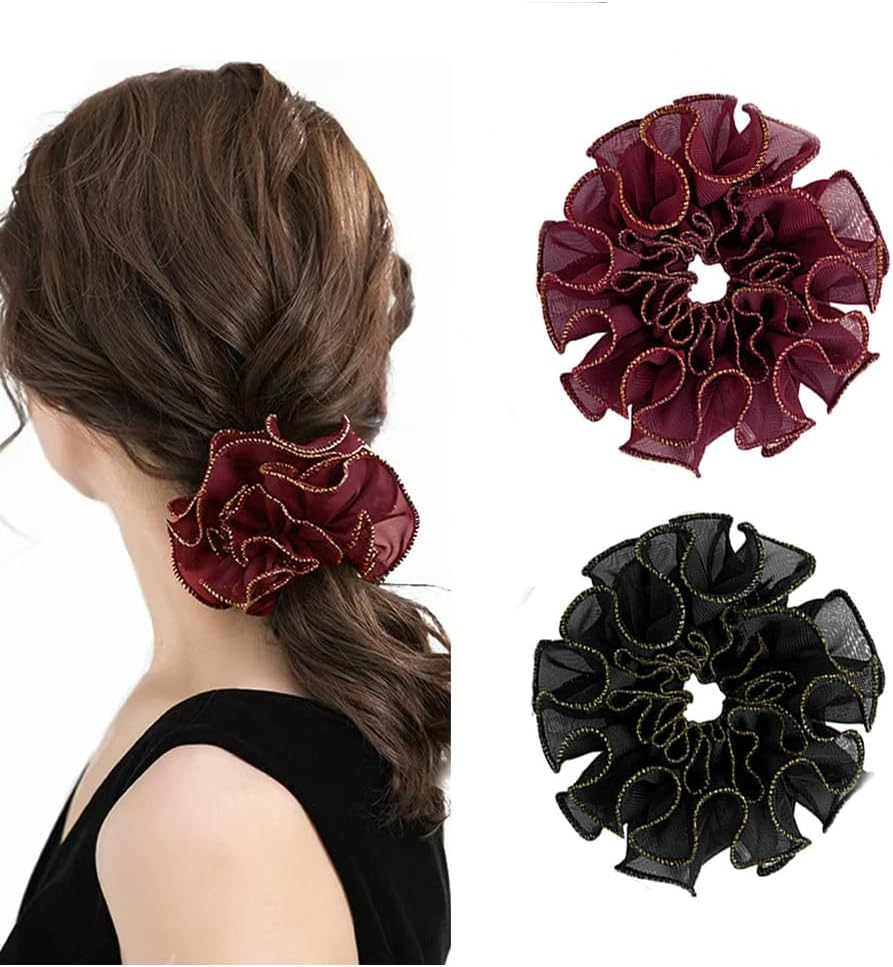 Hair Scrunchie, Satin Silk Hair Bobbles, Ponytail Holder, Elastic Hair Band Made of Chiffon, Large Flower, Women'S Elastic Bands, Golden Silk Edge Shape for Women (Pack of 1) image number 1