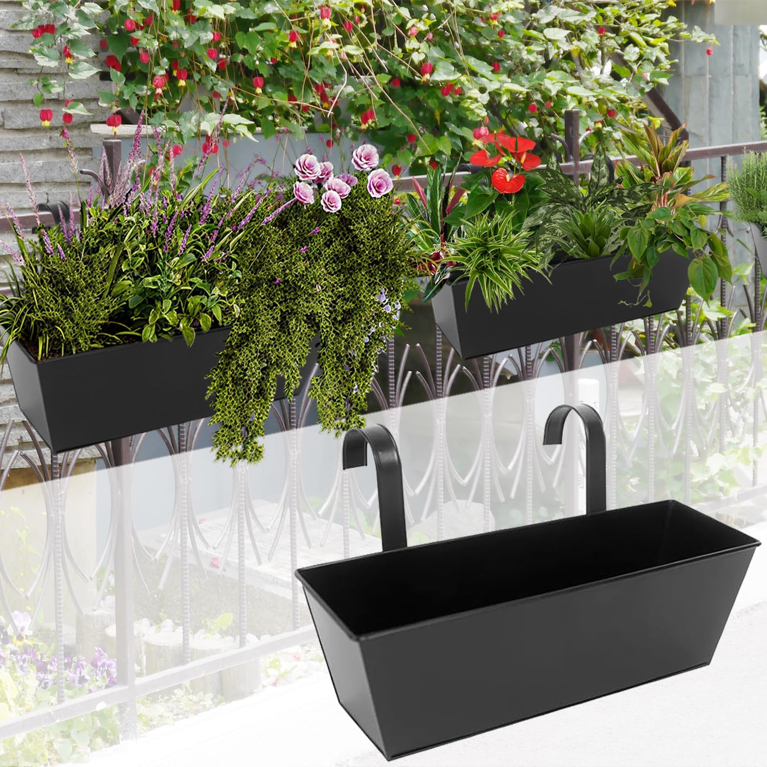 16 Inch Deck-Mounted Railing Plant Pots, Set of 3 Exterior Flower Box for Porch, Patio, Terrace (Black) image number 2