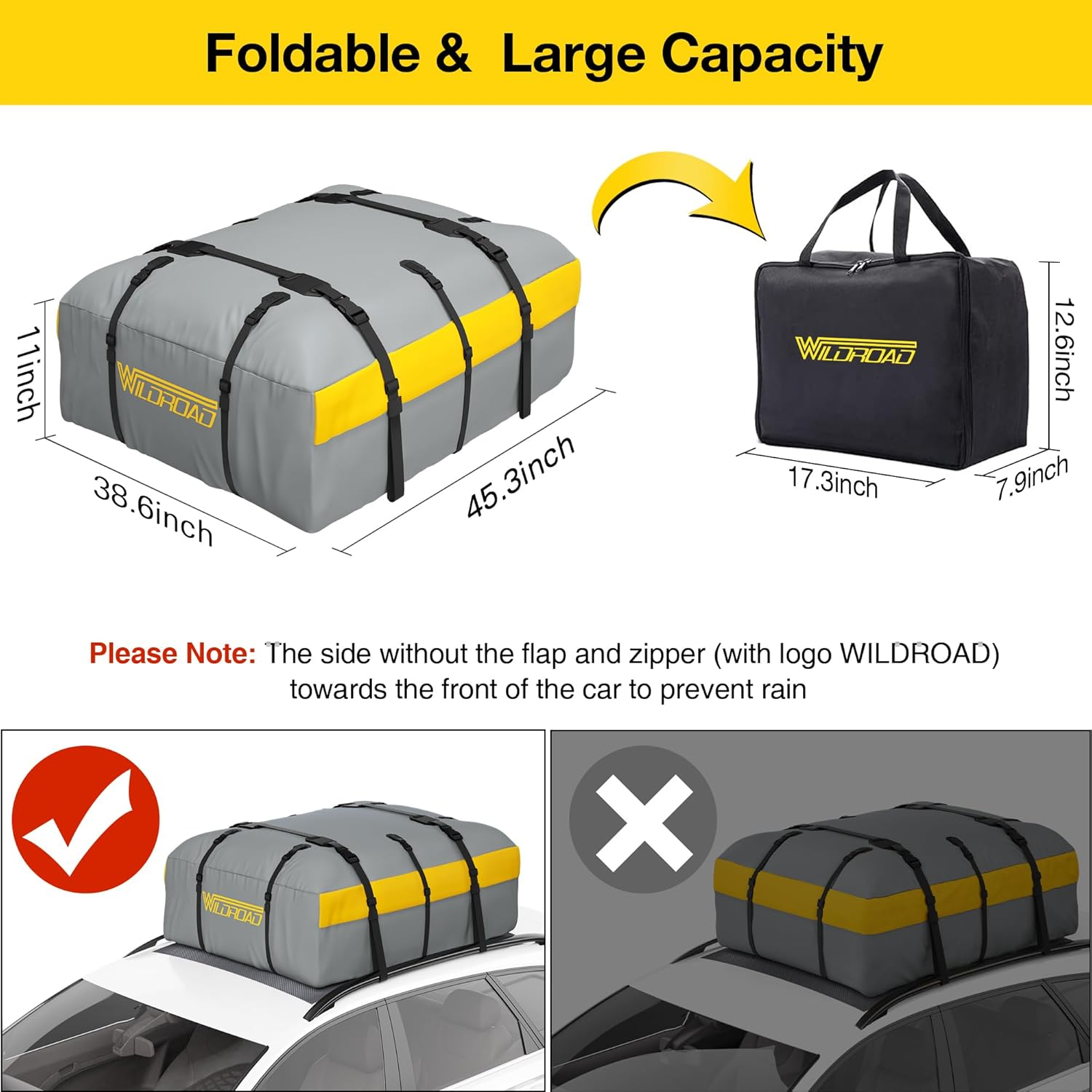 WILDROAD Car Roof Bag Rooftop Cargo Carrier, 21 Cubic Feet Waterproof Roof Luggage Cargo Carrier Bag with Anti-Slip Mat for All Cars Vehicles SUV With/Without Rack (21 Cubic Feet) image number 2