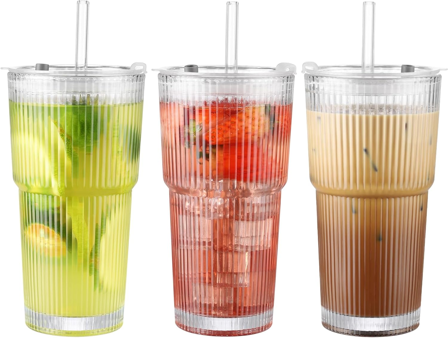 20 Oz Ribbed Glass Cup with Lid and Straw, Glass Tumbler with Straw and Lid, Vintage Glassware for Whiskey Cocktail Beer, Iced Coffee Cups with Lid (1 Pack)