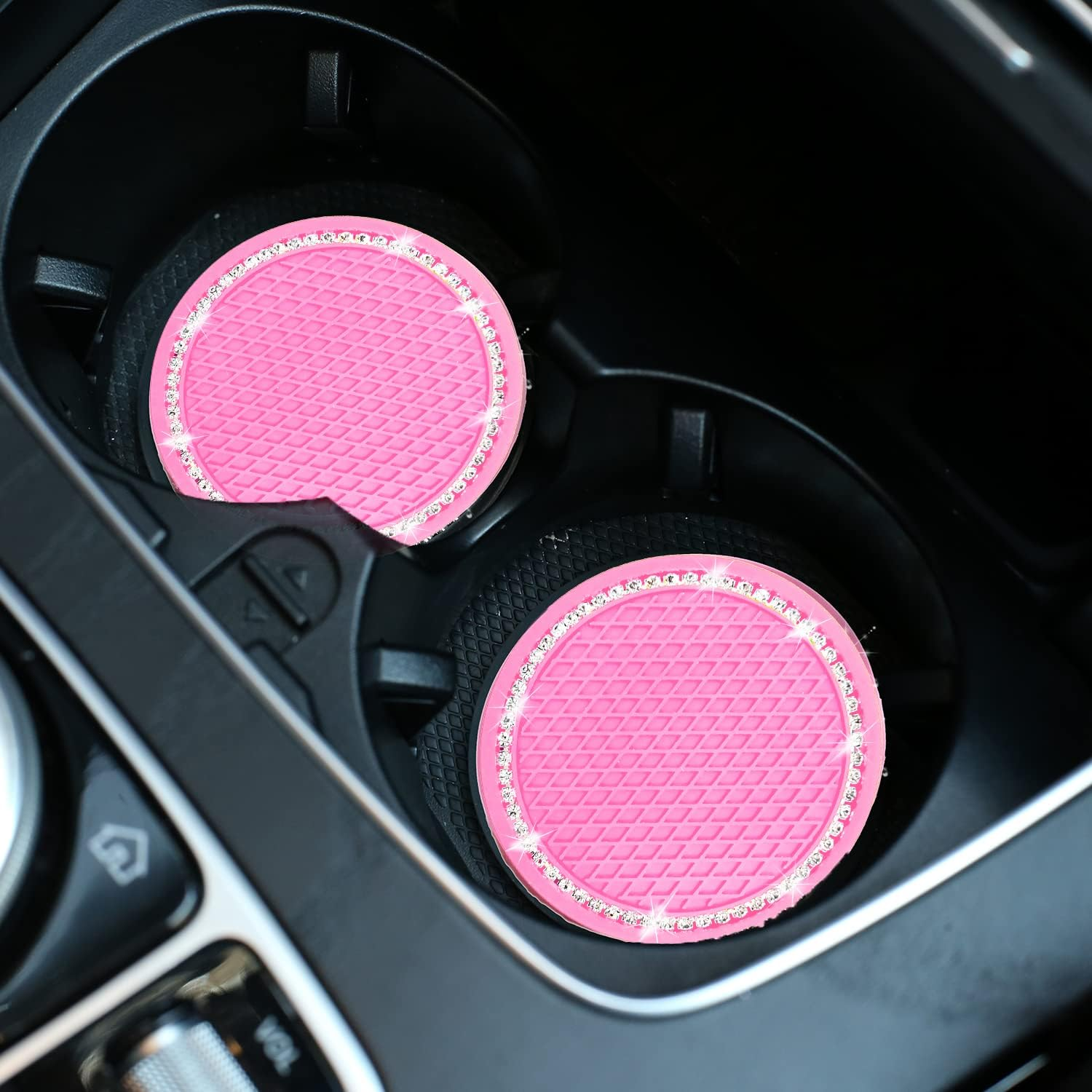4PCS Sets Pink Bling Car Cup Holder Coasters for Car & Shiny Pink Push to Start Button Cover Key Ignition Ring Universal Auto Cute Pink Car Accessories Interior Decor for Women - Blue image number 3