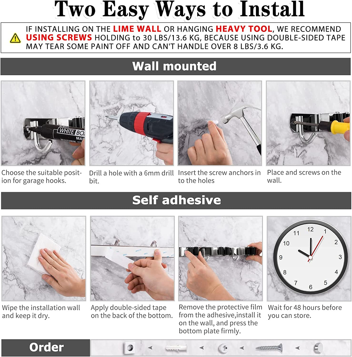 5 Racks and 4 Hooks Mop and Broom Holder Wall Mount, Broom Organizer Storage Tool Racks Stainless Steel Heavy Duty Hooks Self Adhesive Solid Non-Slip for Home Kitchen Garden Laundry Garage image number 6