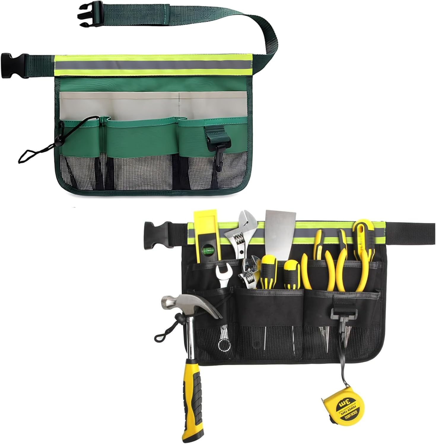 Zalizr 2 Pack Garden Tool Belt Kit, Adjustable Waist Gardening Tool Waist Bag, Heavy Duty 600D Oxford Cloth Home Organizer Tote, 7 Compartments, Tool Apron for Lawn and Yard Storage (Green, Black) image number 2