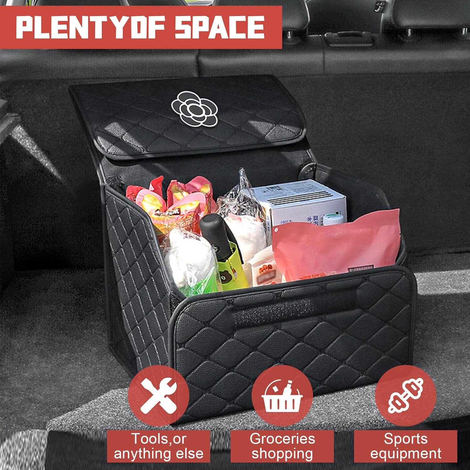 Car Trunk Organizer with Handle, Leather Multipurpose Car Cargo Boot Organiser, Collapsible Storage Box for Suvs & Sedans, Car Boot Tidy Organization for Car Accessories (Black-M) - Black-S image number 7