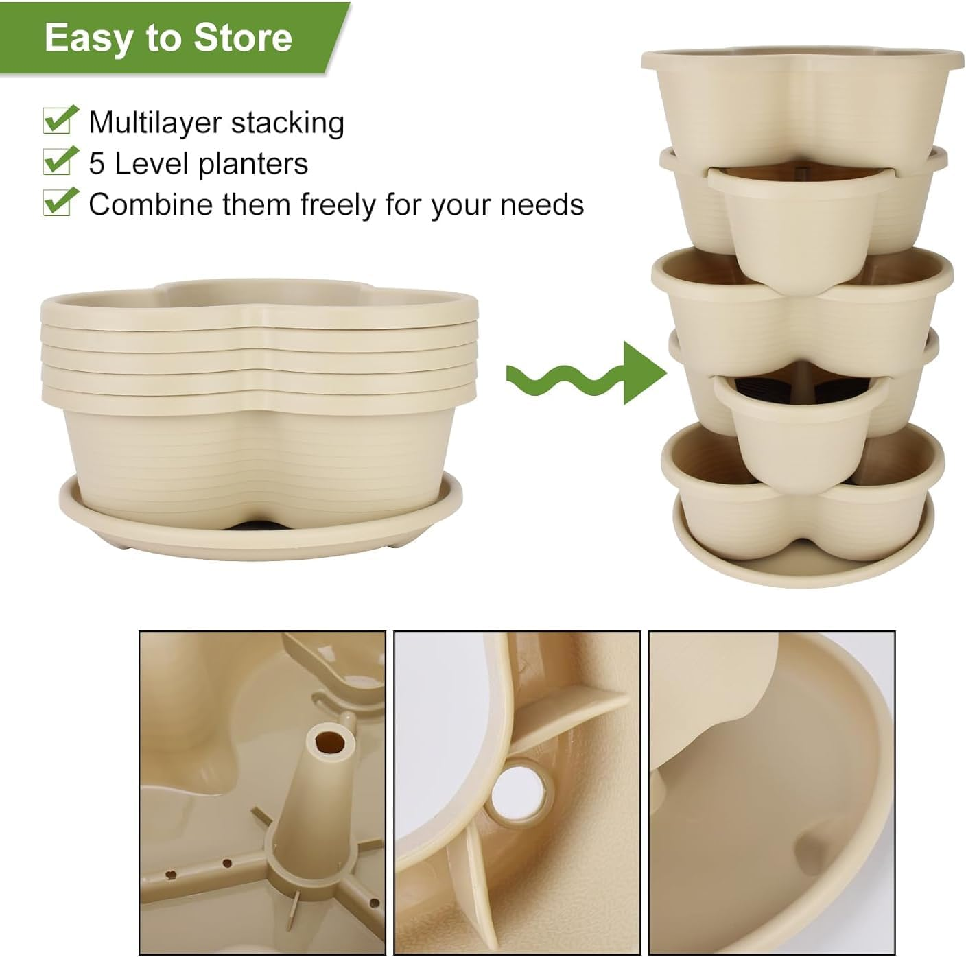 Rootrimmer 5 Tier Tower Stackable Planter, Strawberry Planter, Vertical Gardening Indoor/Outdoor Planters, Herb Planter for Growing Flowers, Vegetables and Succulents (Off-White) image number 4