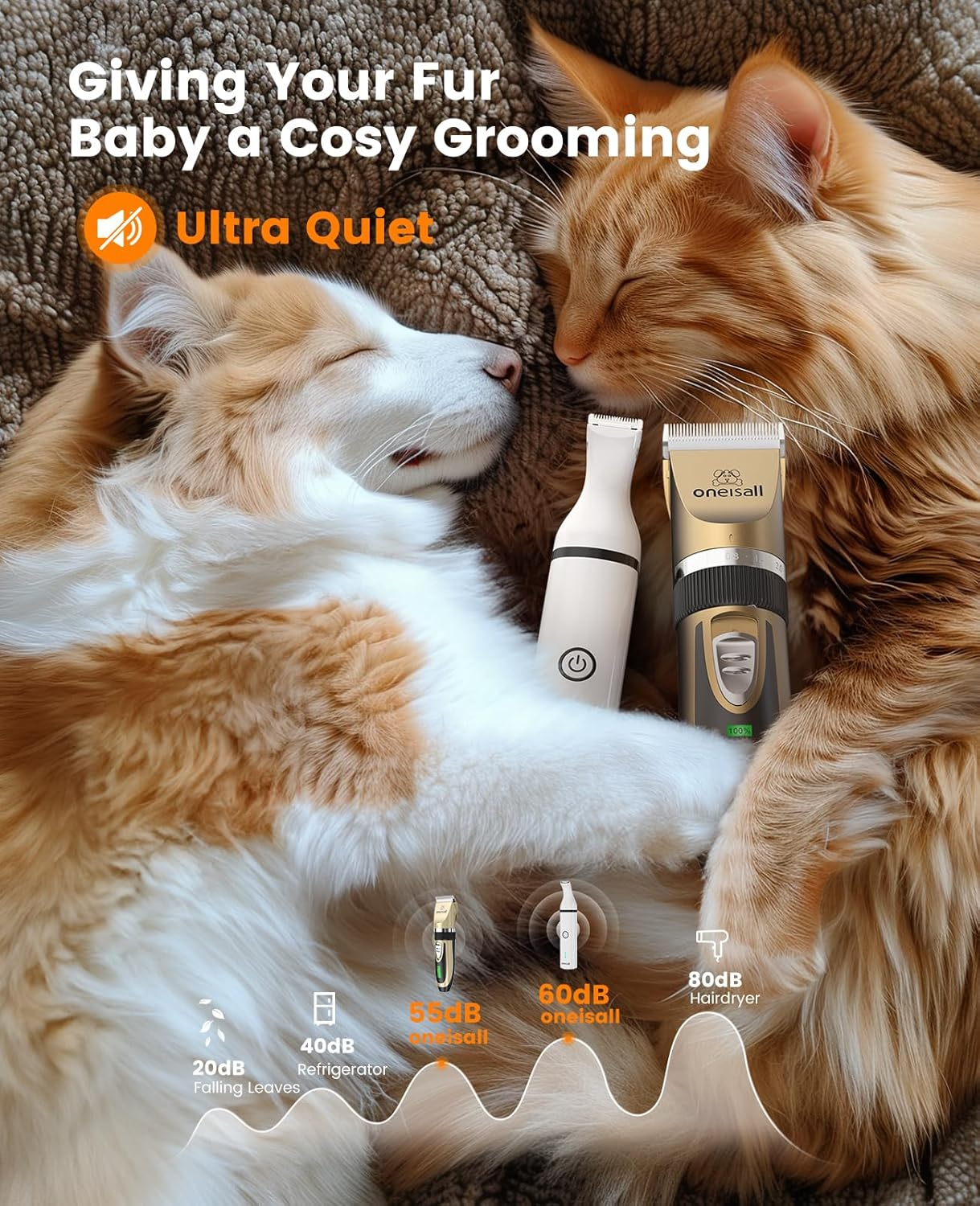 Oneisall Dog Clippers and Paw Trimmer Kit 2 in 1 Low Noise Cordless Dog Clippers for Grooming Pet Hair Trimmers for Small and Large Dogs Cats Animals - Gold image number 4