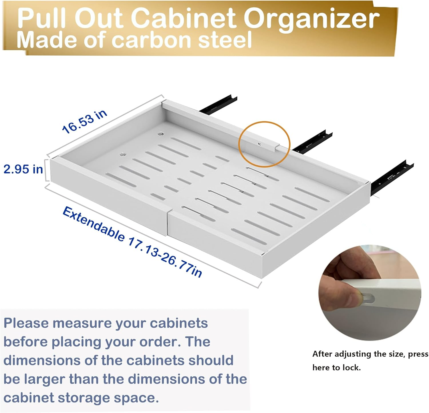 DCWINNES Pull Out Cabinet Organizer, Cabinet Organizer Drawer (Deep 16.53'',Expandable 17.1''-26.7''),Heavy Duty Slide Out Drawers Fixed with 3 Adhesive Nano Films for for Kitchen Pantry, (White 1Pcs) image number 5