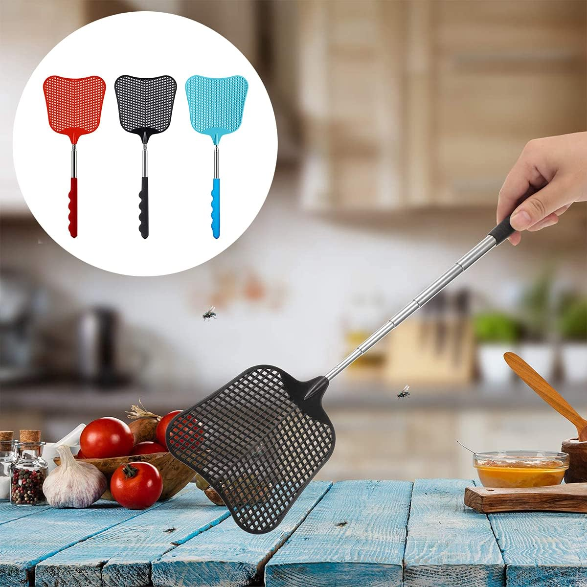 Extendable Fly Swatter, 3 Pcs Durable Heavy Duty Plastic Manual Swat Pest Swatter with Extendable Stainless Steel Handle for Office, Home, School, Swat Pest, Fly(Black, Red, Blue) image number 2