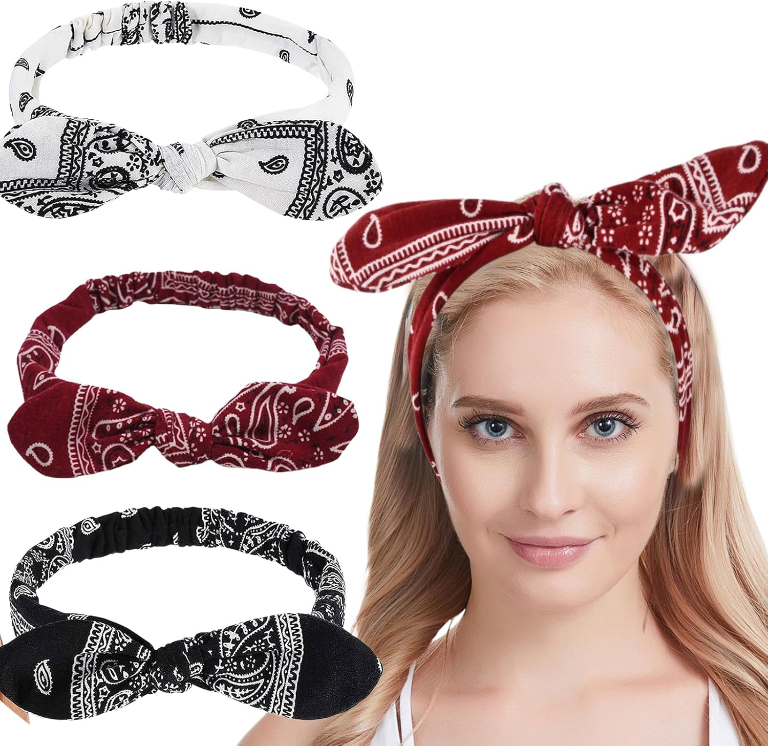 Culinavog Pack of 3 Boho Hair Bands, Women'S Retro Polka Dot Print Headbands, Paisley Print Headband, Boho Bow Bandana, Adjustable Headwrap for Everyday, Sports, Yoga (Red + Black + White) image number 2