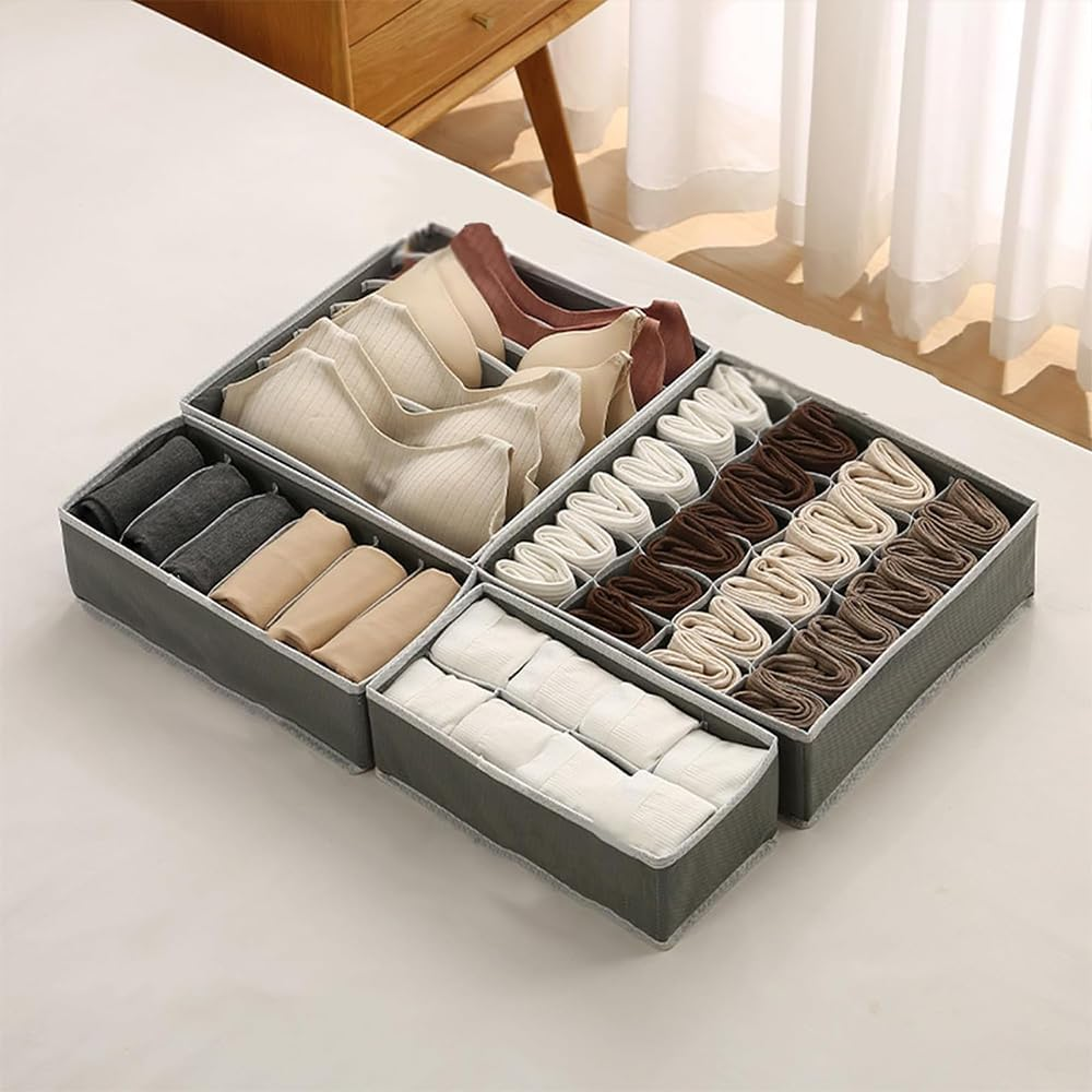 4-Pack Foldable Fabric Drawer Organizers &ndash; Closet Storage Dividers for Underwear, Socks, Baby Clothes, Ties, Bras & Scarves &ndash; Dresser Drawer Bins for Nursery, Bedroom (Grey) image number 1