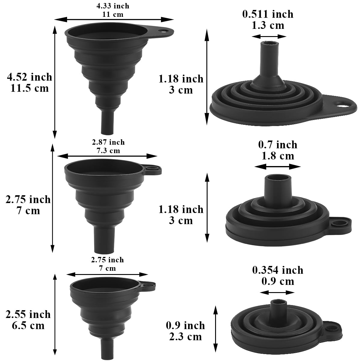 Berglander Kitchen Funnel Set of 3 Easy to Store, Silicone Collapsible Funnels for Kitchen Use, Filling Bottles, Daily Cooking, and Water or Powder Transfer（Black） - Black image number 4