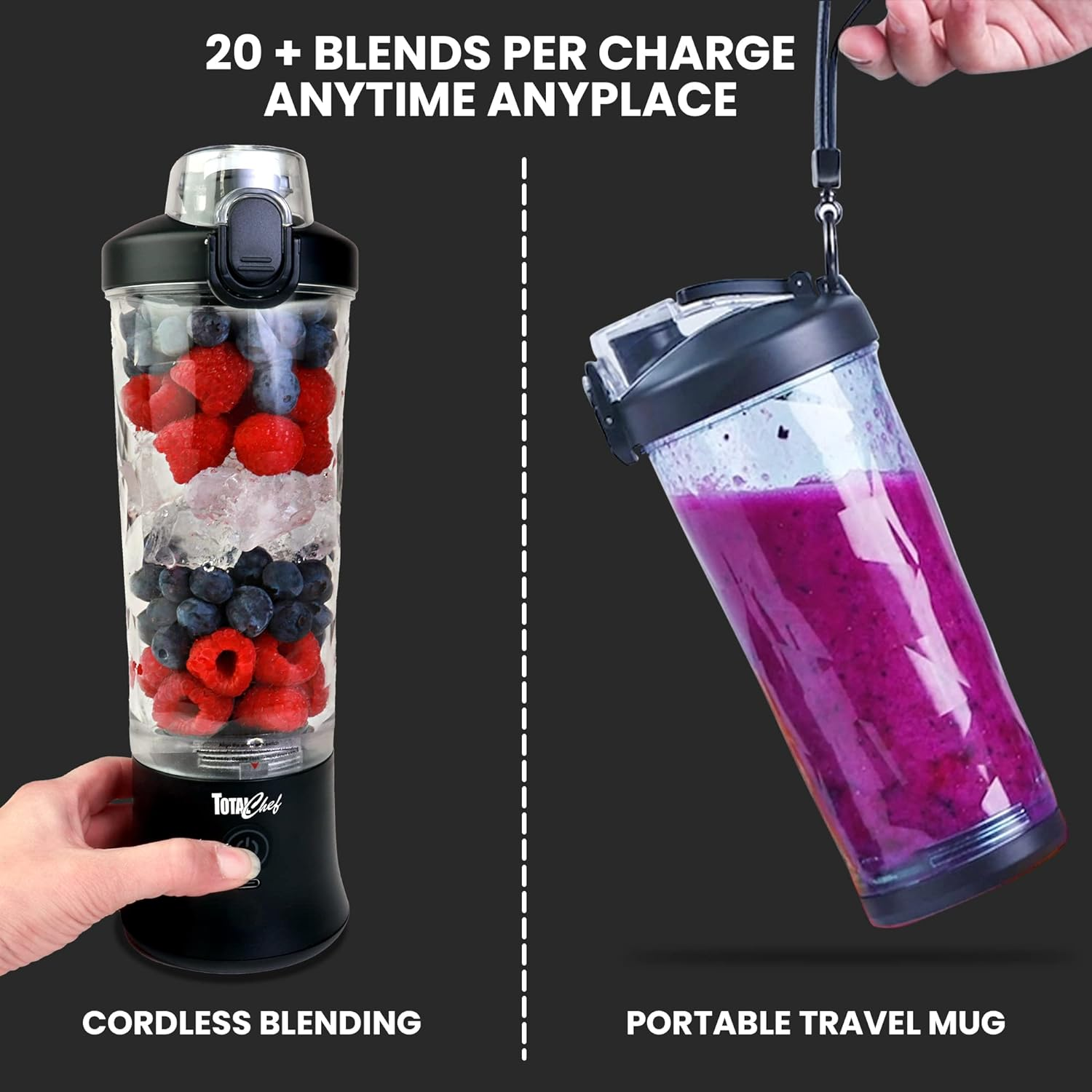 Total Chef Portable Blender &ndash; 20 Gram USB Rechargeable Smoothie Mixer, Cordless Mini Shaker for Protein Shakes, Cold Coffee, Ice Crushing & Milkshakes on the Go &ndash; Stainless Steel Blade, Black - Lilac image number 3