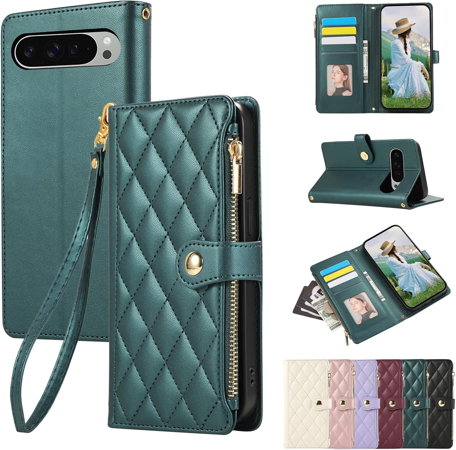 Vaitasy Compatible with Mobile Phone Case Iphone 15 Pro Zip Case Business PU Leather Flip Case for Iphone 15 Pro Protective Case with Card Slot Stand White