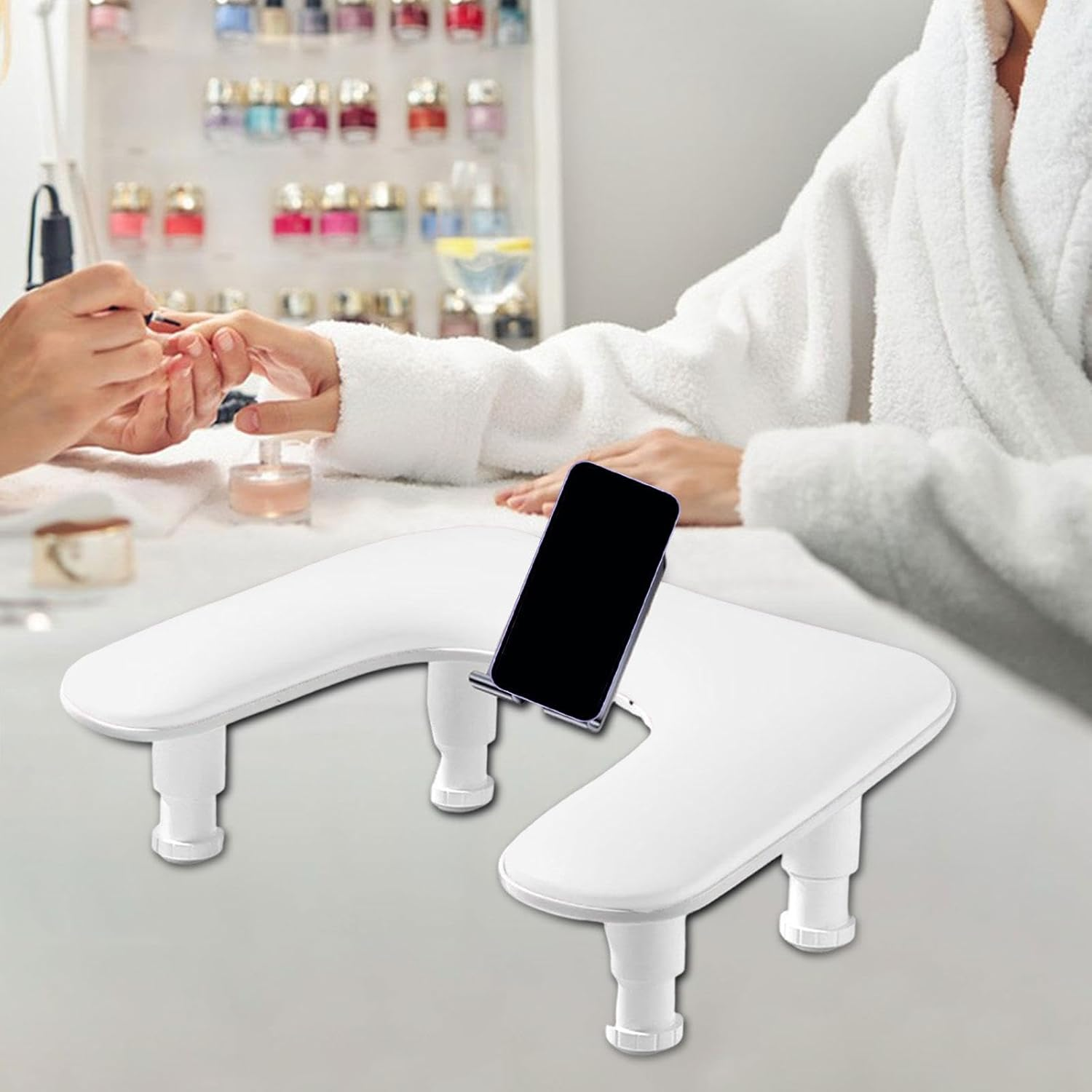 Perfeclan Nail Arm Rest Adjustable Height Premium Hand Cushion Durability Manicure Tool U Shaped with Phone Holder Nail Hand Rest Stand, White - Pink image number 2