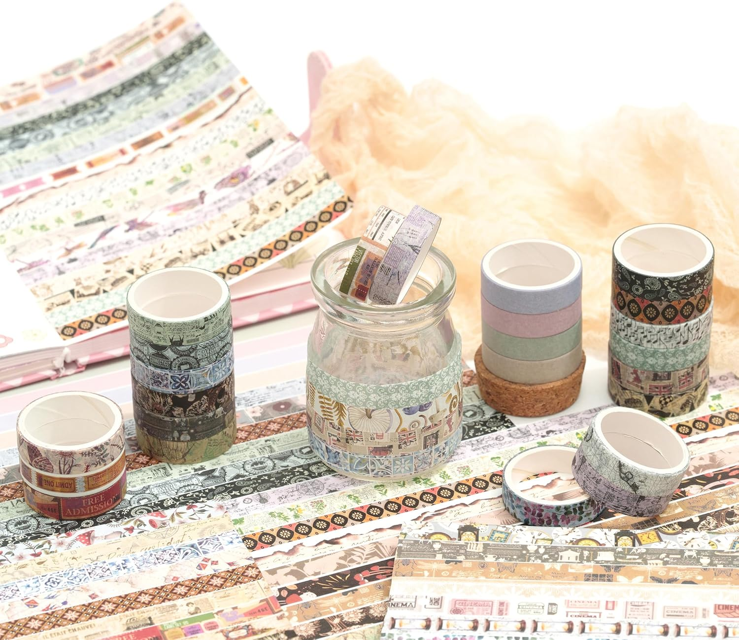 YUBBAEX Vintage Washi Tape Pack 50 Rolls Retro Printed Masking Tape Antique Patterns Decorative for Arts, DIY Crafts, Journal Supplies, Planners, Scrapbook, Card/Gift Wrapping image number 4