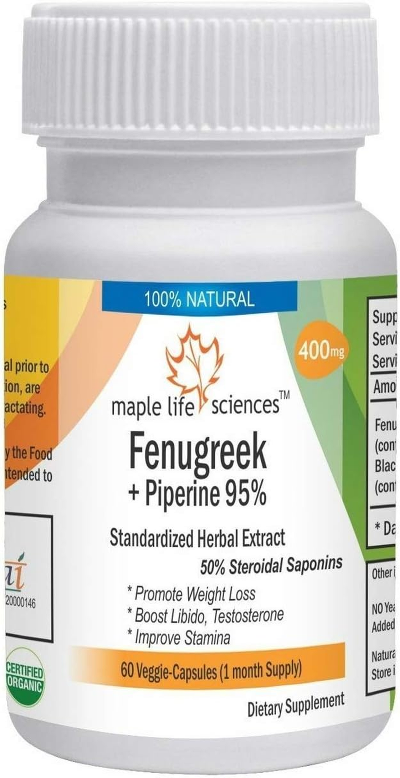Fenugreek and Piperine Extract - 60 Vegan Capsules (50% Steroidal Saponins) - 400Mg