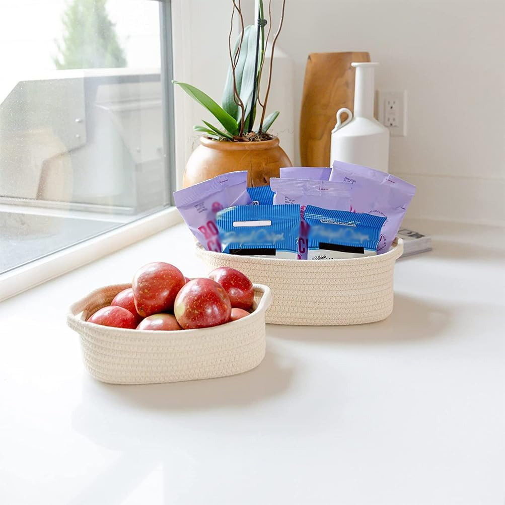 5Pcs Rectangle Storage Basket, Natural Cotton Rope Woven Baskets, Decorative Bins Woven Storage Basketry with Handle for Organizing Clothes Toy Pet Household Use Items image number 6