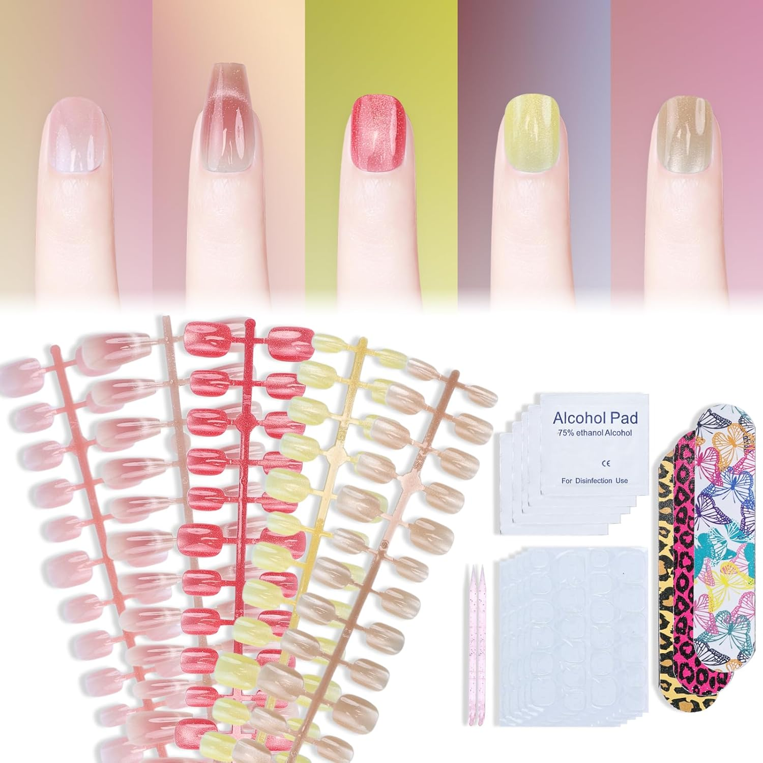 150 Pcs Cat Eye Press on Nails Short 5 Styles round Square Fake Nail Tip Kit Glitter Acrylic Gel False Stick on Manicure DIY Natural for Women Girl