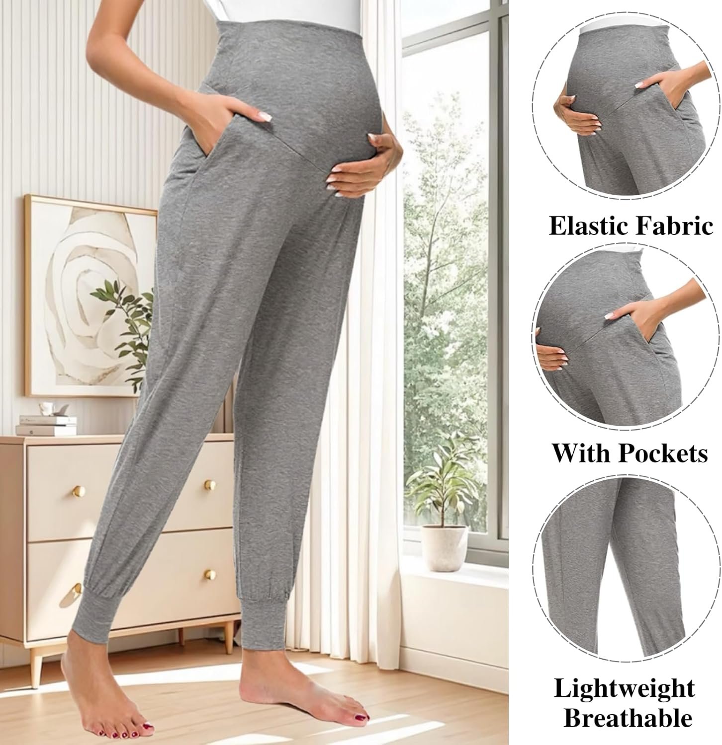 Women'S Maternity Joggers over the Belly Pregnancy Trousers Stretchy Sweatpants with Pockets Workout Sports Activewear Loungewear Maternity Clothes Pants image number 1