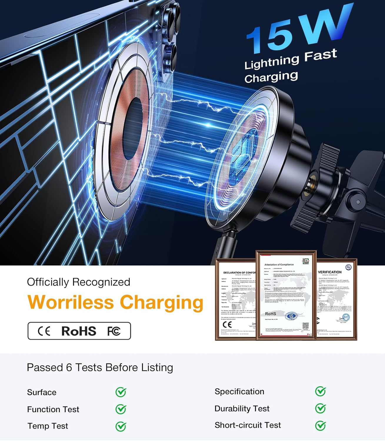 For Magsafe Car Mount Charger【360&deg; Rotation】15W Fast Charging Wireless Car Phone Holder Charger for Vent Dashboard【Strong Magnets】Magnetic Phone Holder Mount Charger for Iphone 16 Pro Max 15 14 13 12 image number 6