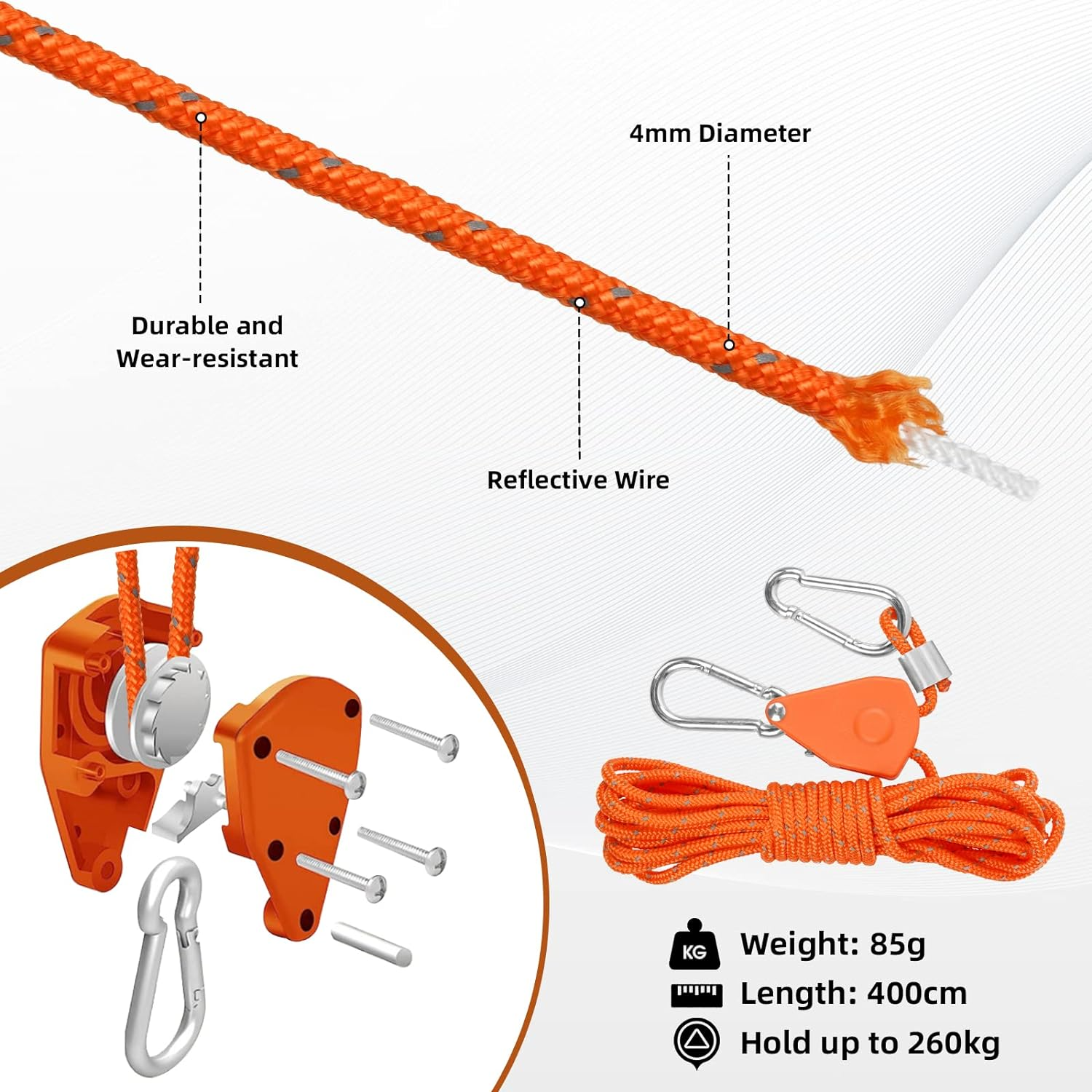Pack of 4 4 Mm Reflective Guy Ropes Rope with Rope Tensioner, 4 M Rope Ratchet Tent Cord Luminous with Tensioner Adjuster Adjustable Nylon Outdoor Rope for Tent Tarpaulin Awning Camping image number 1