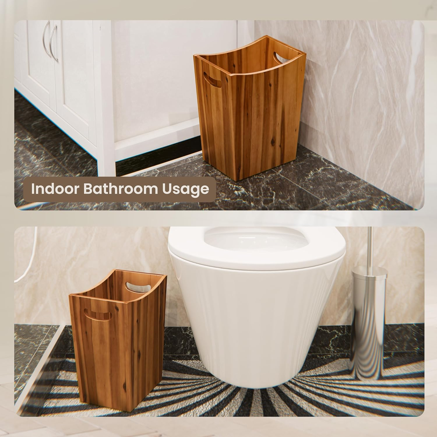 TIDITA 7.5 Litres Rectangular Wastebaskets - Acacia Wood Waste Basket with Handles - Small Trash Can for Bathroom - Brown Garbage Bin for Spa Bathroom Decorative, Kitchen under Counter image number 4