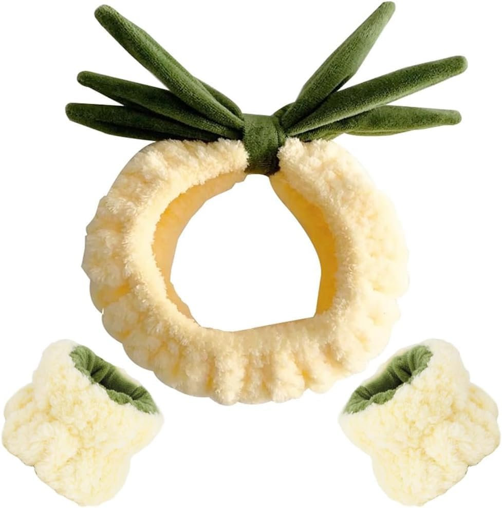 Spa Headband, Face Wash Headband and Wristband Set, Cute Makeup Skincare Headbands Wrist Bands for Washing Face Fluffy Headband for Women Girls Elastic Hair Band (Pineapple, Set of 3) image number 2