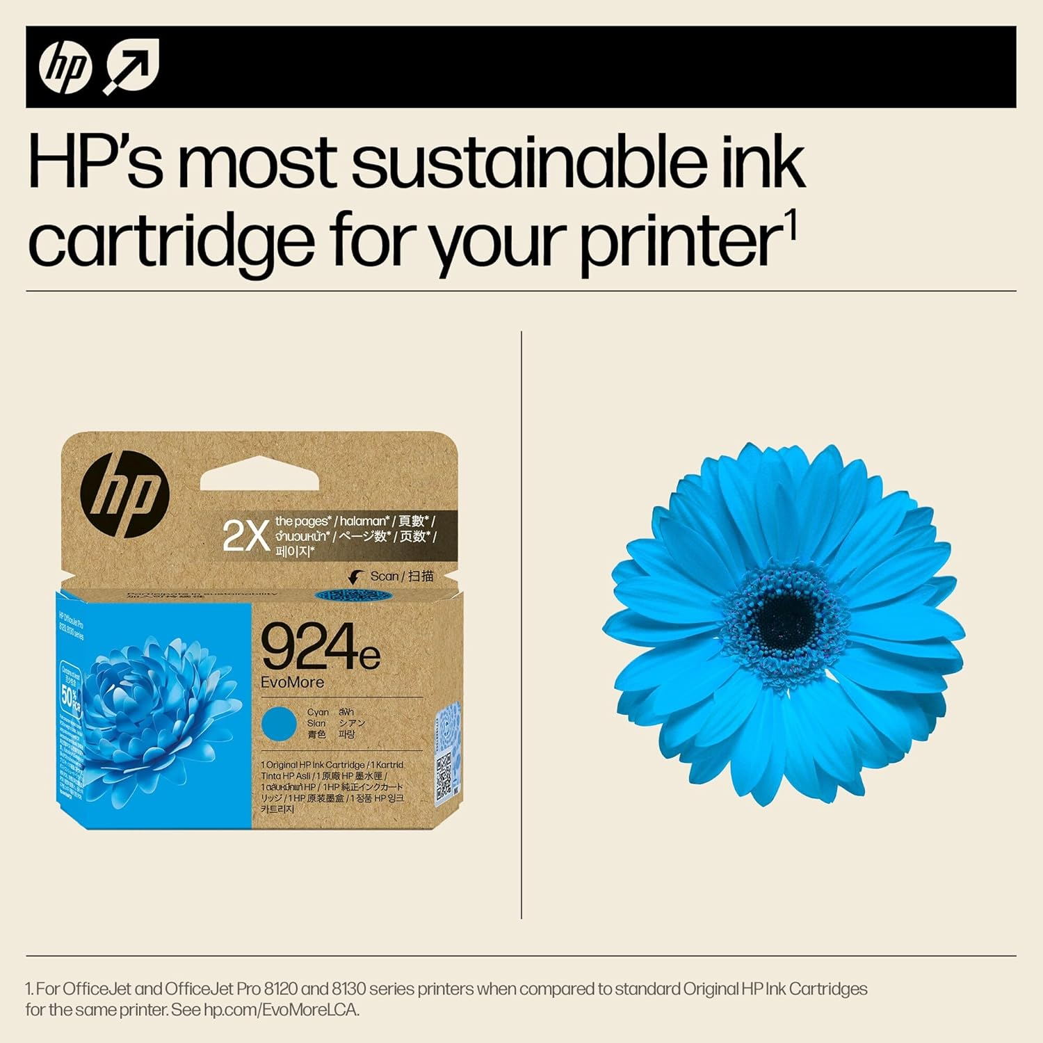 HP 924E Genuine Original Cyan EVOMORE Printer Ink Cartridge, Print 2X More Pages, Lower Carbon Footprint Works with HP Officejet Pro 81Xx All-In-One Series Printers (4K0U7NA)