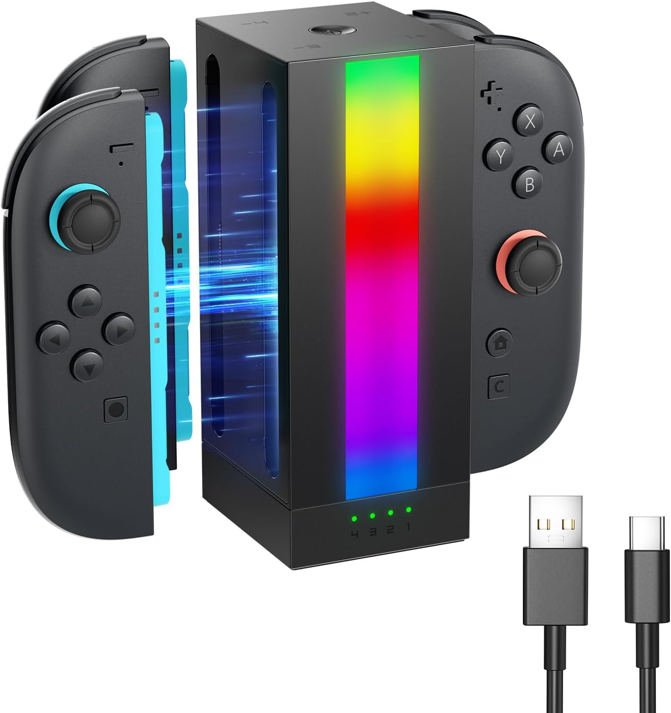 JSAUX Energyflow Charging Dock for Nintendo Switch 2 Joy Con Controllers, 4-In-1 RGB One-Touch Charger Station LED Indicator, Switch2 Joy Con Accessories with 5FT USB C Cable image number 6
