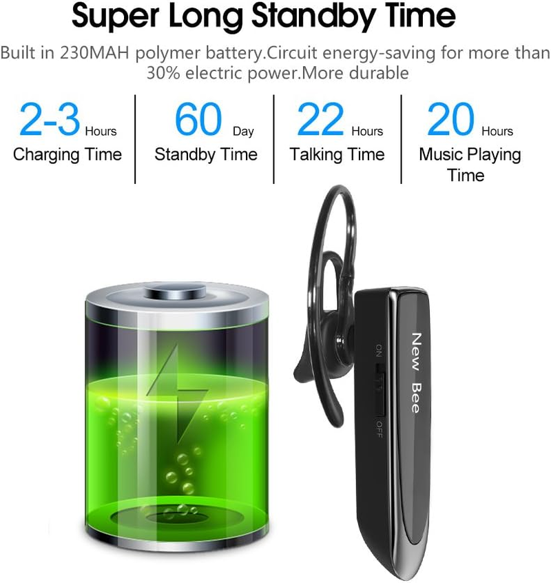 Bluetooth Headset Handsfree Wireless Bluetooth Earpiece New Bee Driving Earphone with Noise Cancelling Microphone 24 Hrs Talk Time Business In-Ear Headphones Earbuds for Apple Iphone X 8 7 6 6S, Samsung Galaxy, HTC, LG, SONY, PC, Laptop (Black) (Black) image number 1