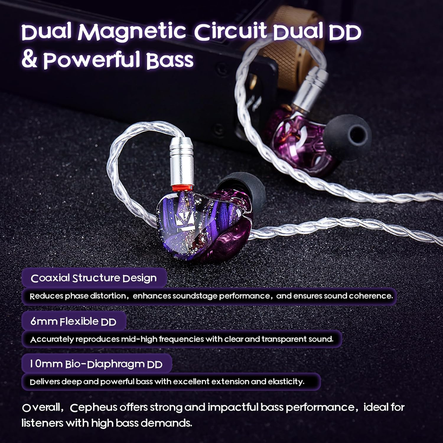 KBEAR Cepheus in Ear Monitor,16-Unit Dynamic Hifi Wired Earphones,Dual Magnetic Circuit in Ear Headphones,Wired Earbuds,Powerful Bass, 4-Core Alloy Copper Silver-Plated IEM Cable (Without Mic, Blue) - Purple image number 3