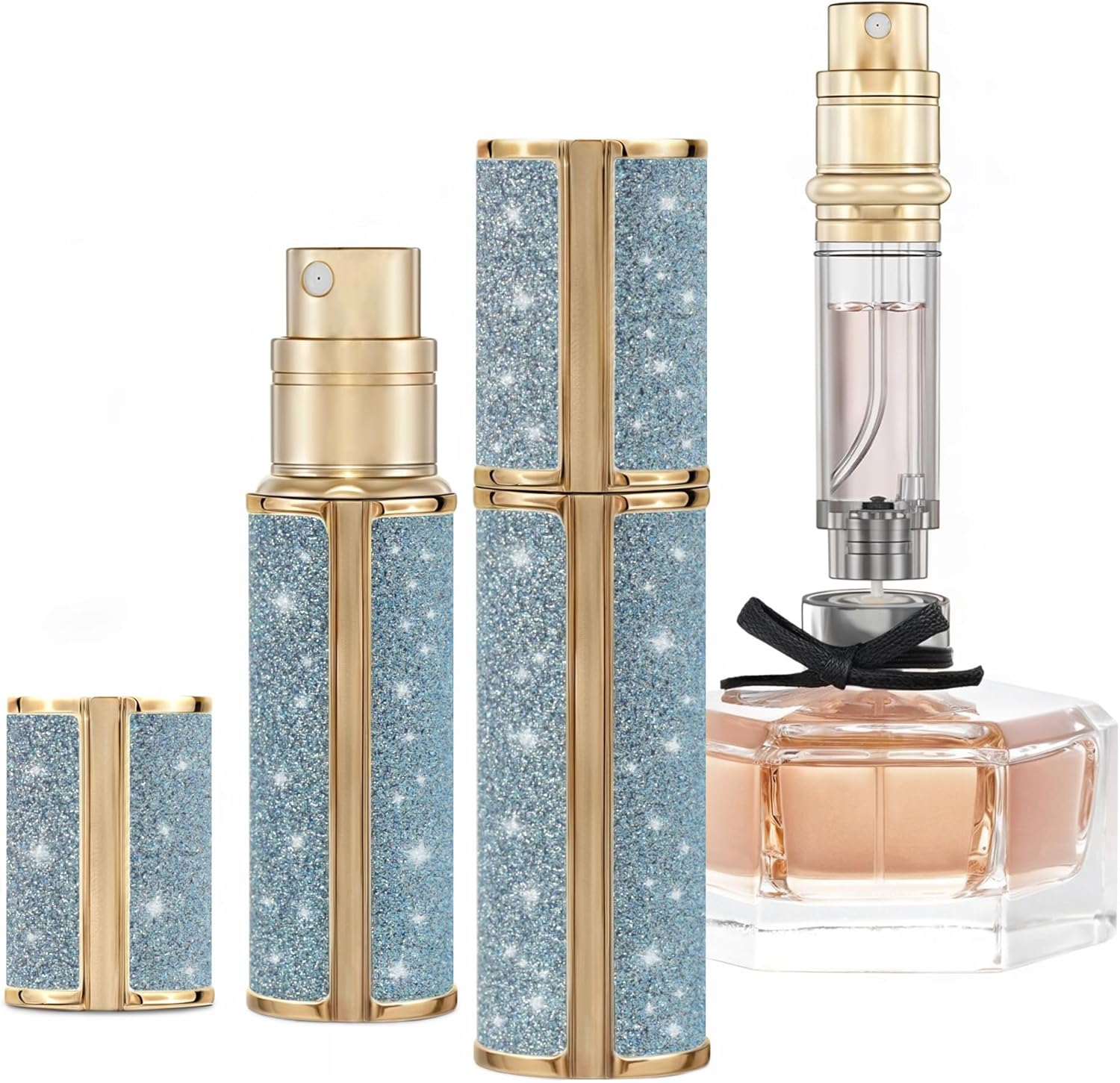 Muilsae AE00GD Sparkling Travel Perfume Bottle, 5Ml Mini Perfume Atomizer Sprayer, Glitter Diamond Pump Fill Perfume Bottle for Traveling, Vacation & Bussiness (Sparkling Gold)