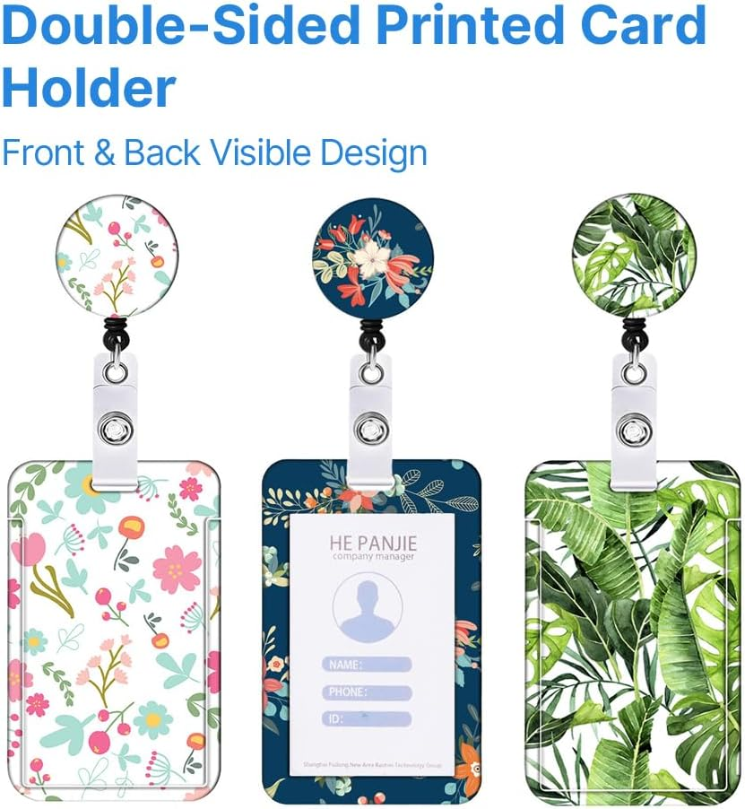 Retractable Lanyard ID Badge Holder with Double-Sided Card Holder, 360&deg; Rotating Clip, Printed Neck Strap for Office, School, Work, Events (Spring Floral)