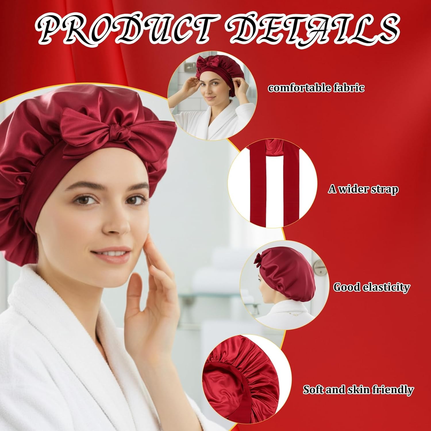 Jazrvr Silk Sleep Cap, Set of 2, Black and Red, Silk Bonnet for Hair Care, 32 X 22 Cm, Soft and Comfortable for a Good Night'S Sleep image number 2