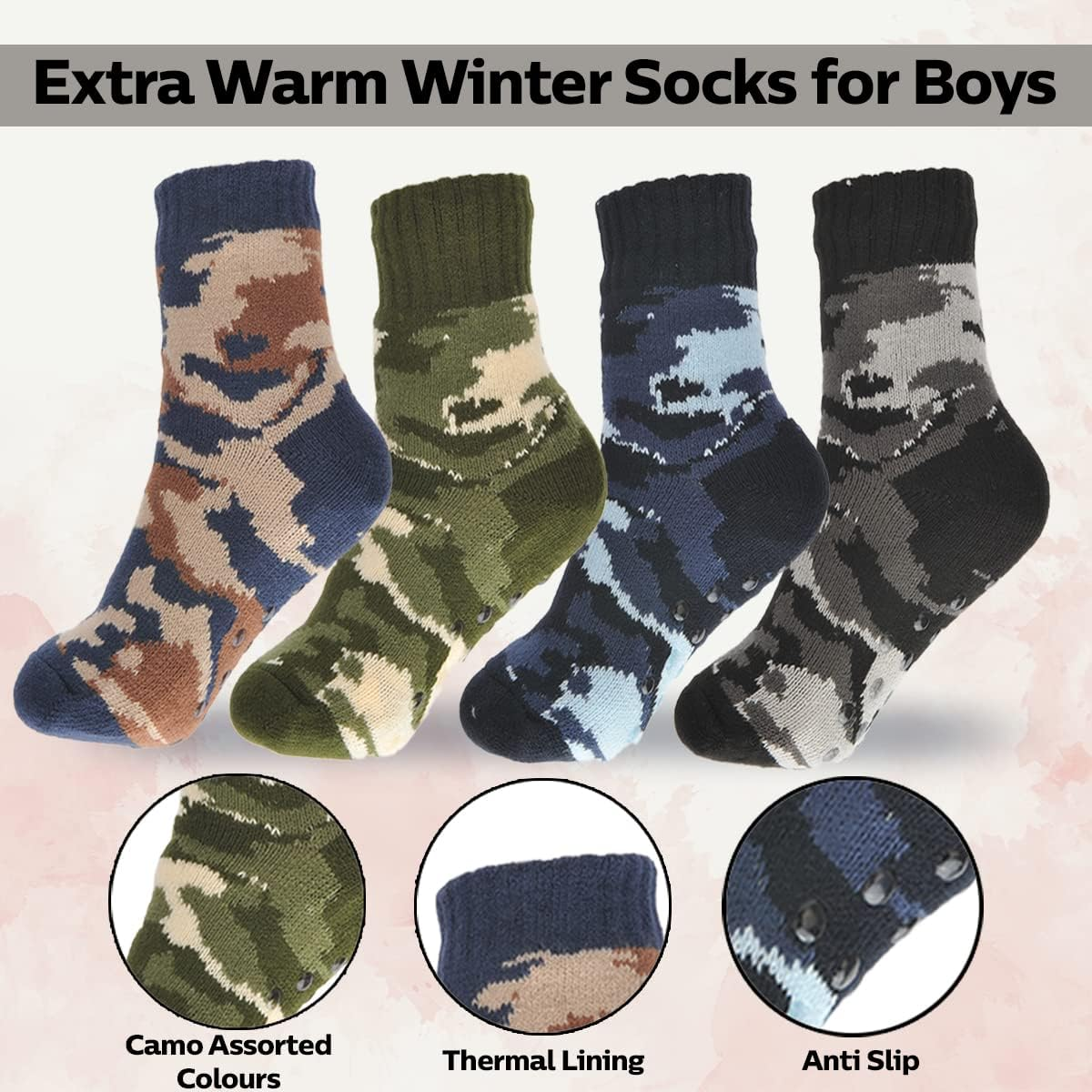 [4 Pairs] Sherpa Sherpa Fleece Winter Socks for Boys, (Age 9-12) Non Slip Grip, Extra Warm, Soft, and Comfortable, Easy Wash, Trap Heat and Keep Your Feet Warm, Camo Design and Assorted Colours