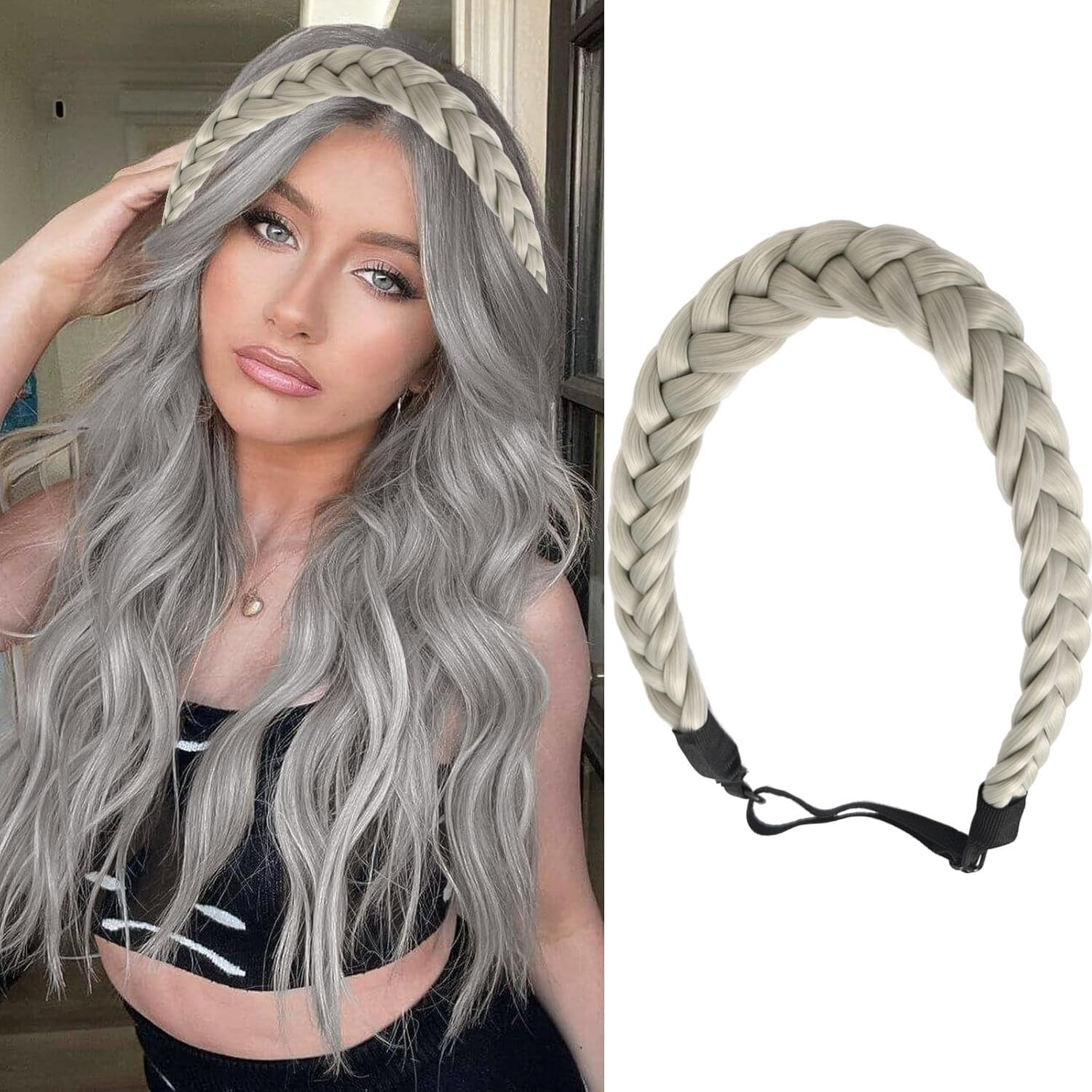 Braided Headband for Women - Soft Elastic Braid Headband in Light Grey, Synthetic Hair Accessory for Everyday, Parties & Special Occasions image number 4