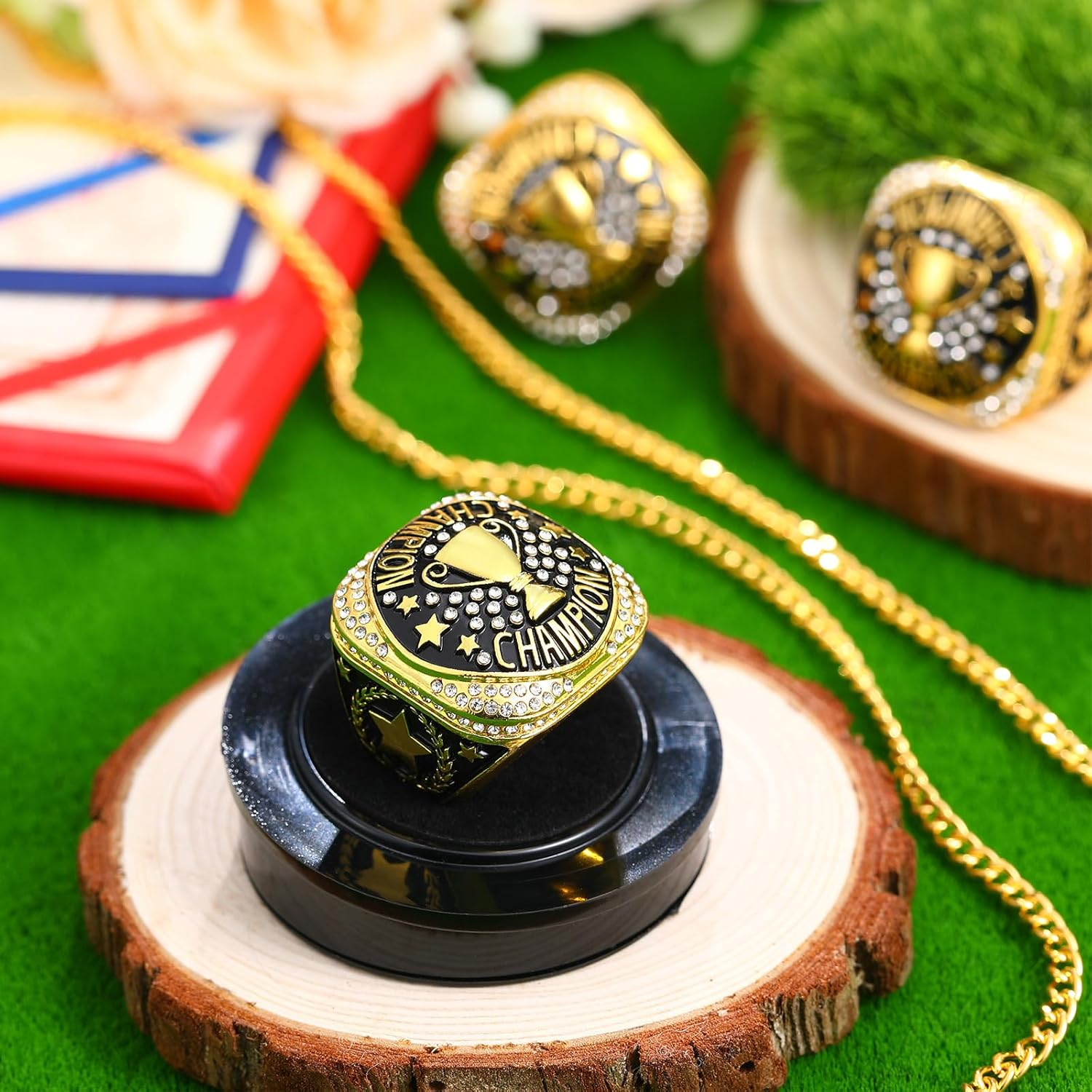 Highergo 10 Pcs Championship Rings with Display Neck Chain and Stand Baseball Soccer Volleyball Champion Rings MVP Most Valuable Trophy Rings for Tournament Winner Award Gift image number 5