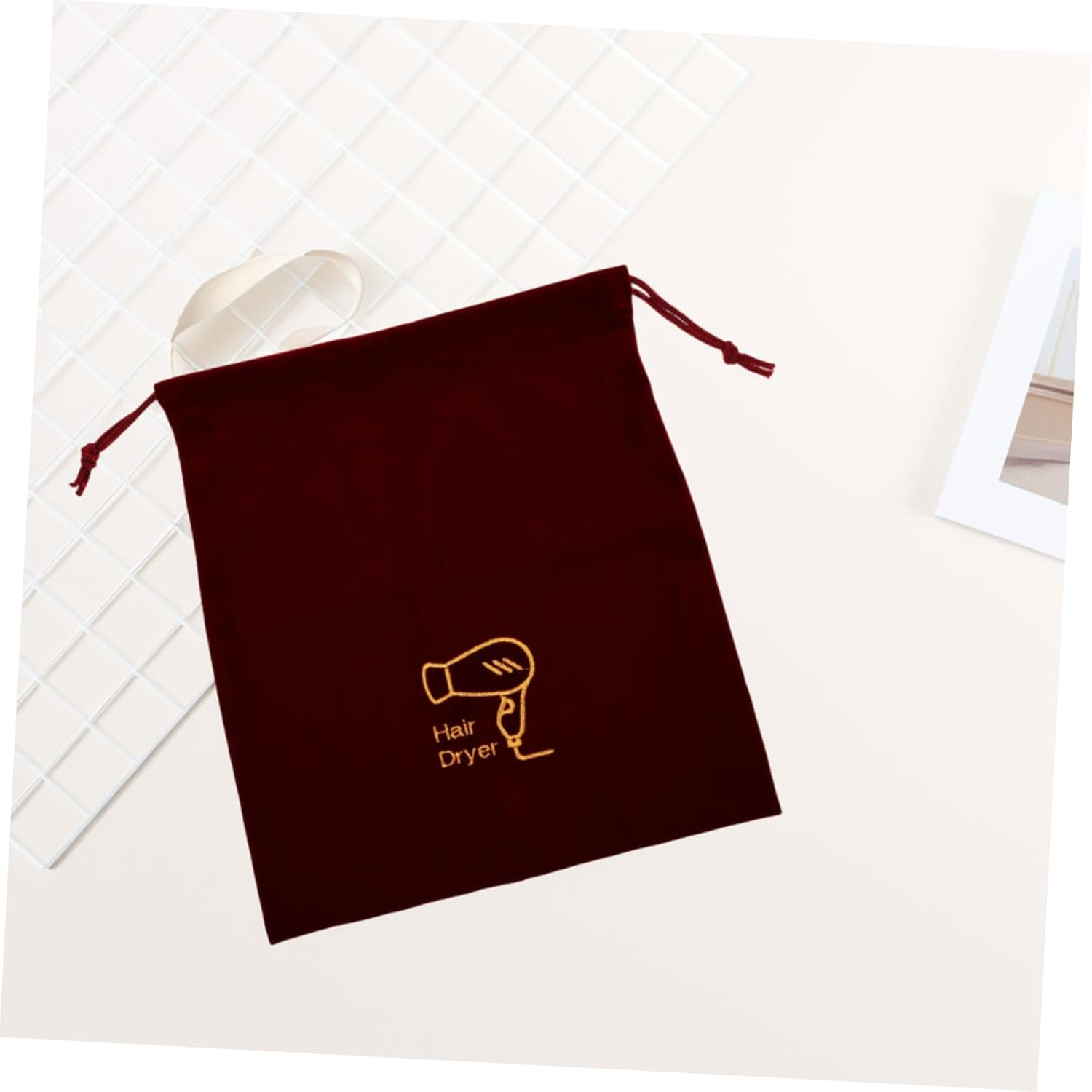 Drawstring Flannel Hair Dryer Bag 26X30Cm Velvet Travel Storage Organizer for Hair Styling Tools Portable Hairdryer Case in Maroon image number 5