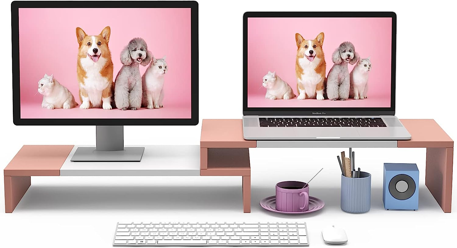 WESTREE Dual Monitor Stand - Riser 2 Shelf Computer with Adjustable Length and Angle, Stands for Monitors, Desktop Organizer PC, Computer, Laptop